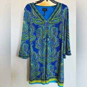 Bohemian chic blue paisley v-neck dress cover up casual elegant summer bell slv